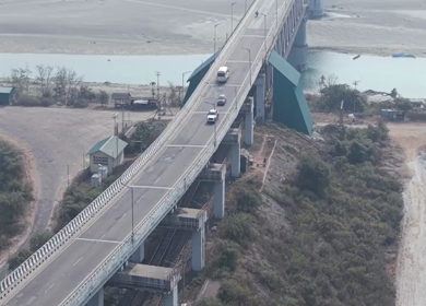 Aerial View of Brahmaputra River Bridge with Sandbars in Assam and Arunachal Pradesh India