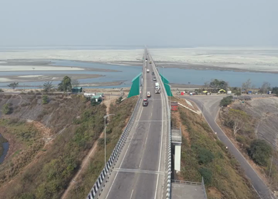 Aerial View of Brahmaputra River Bridge with Sandbars in Assam and Arunachal Pradesh India