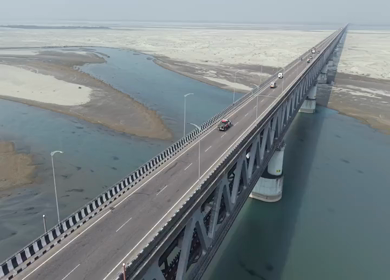 Aerial View of Brahmaputra River Bridge with Sandbars in Assam and Arunachal Pradesh India