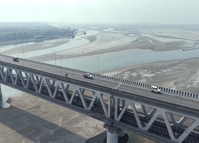Aerial View of Brahmaputra River Bridge with Sandbars in Assam and Arunachal Pradesh India