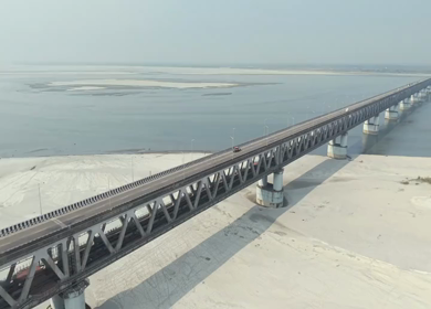 Aerial View of Brahmaputra River Bridge with Sandbars in Assam and Arunachal Pradesh India