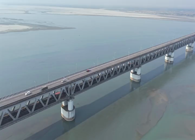 Aerial View of Brahmaputra River Bridge with Sandbars in Assam and Arunachal Pradesh India