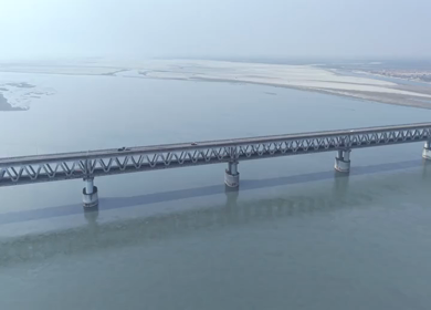 Aerial View of Brahmaputra River Bridge with Sandbars in Assam and Arunachal Pradesh India
