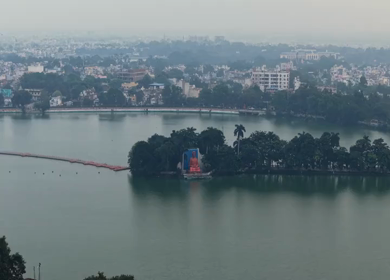 Aerial View of Buddha Statue at Vivekananda Sarovar Raipur in Chhattisgarh, India