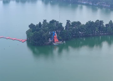 Aerial View of Buddha Statue at Vivekananda Sarovar Raipur in Chhattisgarh, India