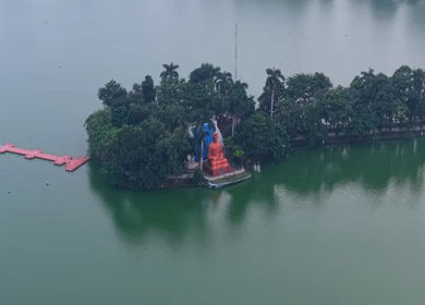 Aerial View of Buddha Statue at Vivekananda Sarovar Raipur in Chhattisgarh, India