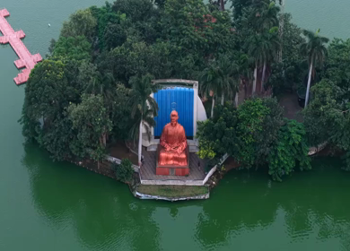 Aerial View of Buddha Statue at Vivekananda Sarovar Raipur in Chhattisgarh, India