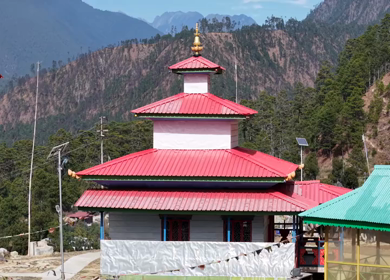 Aerial View of Buddhist Temple Roof with Mountain Landscape in Kaho Arunachal Pradesh India