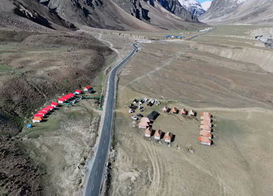 Aerial View of Campsites Along Mountain Road in Ladakh India