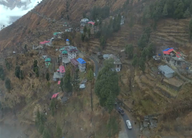 Aerial View of Mountain Village and Car Convoy in Kinnaur Himachal Pradesh