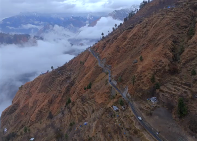 Aerial View of Mountain Village and Car Convoy in Kinnaur Himachal Pradesh
