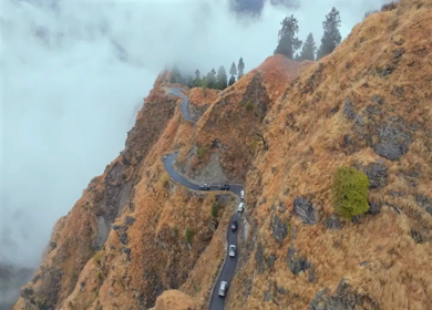 Aerial View of Mountain Village and Car Convoy in Kinnaur Himachal Pradesh