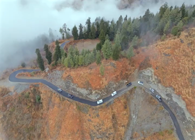 Aerial View of Mountain Village and Car Convoy in Kinnaur Himachal Pradesh