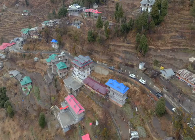 Aerial View of Mountain Village and Car Convoy in Kinnaur Himachal Pradesh