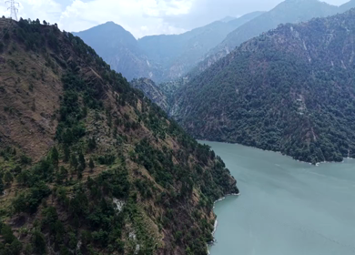 Aerial View of Chamera Dam Reservoir with Speedboats, Himachal Pradesh, India
