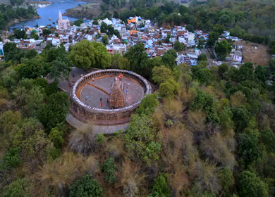 Aerial View of Chausath Yogini Temple at Bhedaghat, Jabalpur, India