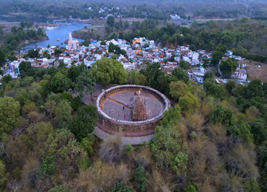 Aerial View of Chausath Yogini Temple at Bhedaghat, Jabalpur, India