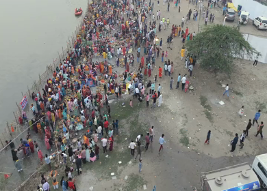 26th October 2025 : Aerial View of Chhath Puja Festival at Yamuna River Kalindi Kunj Delhi India Crowd Gathering