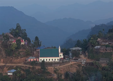 Aerial View of Church in Rural Village, Nagaland, Northeast India