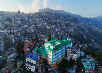 Aerial View of Darjeeling Hill Town with Batasia and Misty Himalayan Landscape