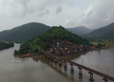 Aerial View of Dasgaon Village and Savitri River with Konkan Railway Bridge Maharashtra