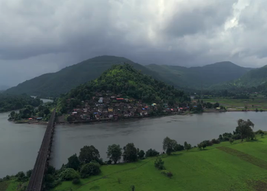 Aerial View of Dasgaon Village and Savitri River with Konkan Railway Bridge Maharashtra