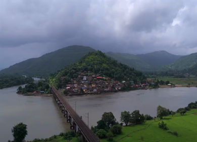 Aerial View of Dasgaon Village and Savitri River with Konkan Railway Bridge Maharashtra
