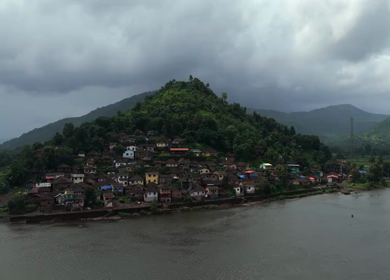 Aerial View of Dasgaon Village and Savitri River with Konkan Railway Bridge Maharashtra