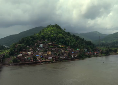 Aerial View of Dasgaon Village and Savitri River with Konkan Railway Bridge Maharashtra