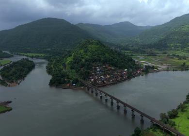 Aerial View of Dasgaon Village and Savitri River with Konkan Railway Bridge Maharashtra