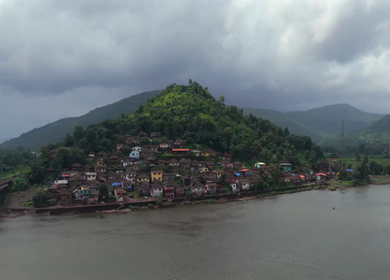 Aerial View of Dasgaon Village and Savitri River with Konkan Railway Bridge Maharashtra
