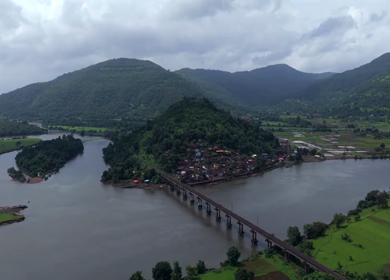 Aerial View of Dasgaon Village and Savitri River with Konkan Railway Bridge Maharashtra