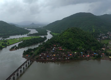 Aerial View of Dasgaon Village and Savitri River with Konkan Railway Bridge Maharashtra