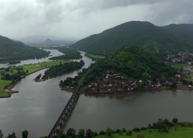 Aerial View of Dasgaon Village and Savitri River with Konkan Railway Bridge Maharashtra