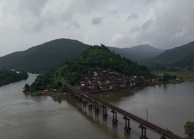 Aerial View of Dasgaon Village and Savitri River with Konkan Railway Bridge Maharashtra