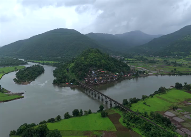 Aerial View of Dasgaon Village and Savitri River with Konkan Railway Bridge Maharashtra