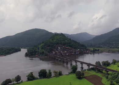 Aerial View of Dasgaon Village and Savitri River with Konkan Railway Bridge Maharashtra