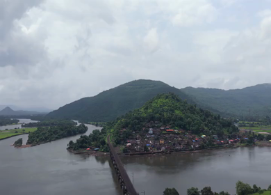 Aerial View of Dasgaon Village and Savitri River with Konkan Railway Bridge Maharashtra