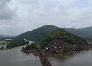 Aerial View of Dasgaon Village and Savitri River with Konkan Railway Bridge Maharashtra