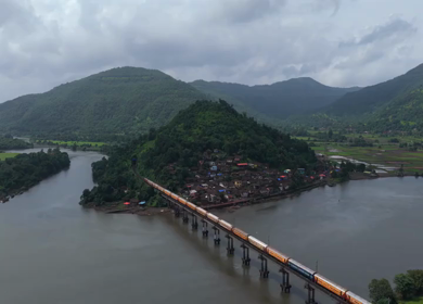 Aerial View of Dasgaon Village and Savitri River with Konkan Railway Bridge Maharashtra