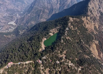 Aerial View of Deoriatal Lake in Uttarakhand Himalayas India