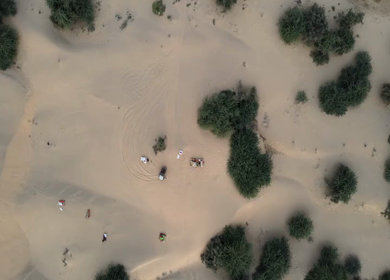 Top Down Aerial View of Desert Camp and Jeep in Jaisalmer Thar Desert Rajasthan India
