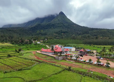 Aerial View of Deviramma Bettada Temple and Mountain Landscape in Chikkamagaluru Karnataka