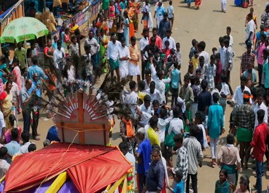 27th April 2026 : Aerial View of Devotee Performing Alagu Kuthu Ritual During Festival in Sivaganga India