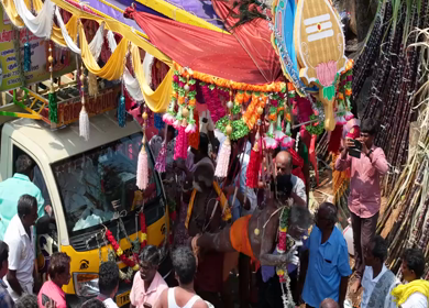 27th April 2026 : Aerial View of Devotee Performing Alagu Kuthu Ritual During Festival in Sivaganga India