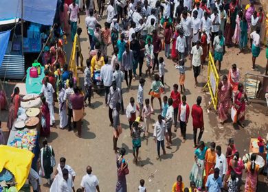 27th April 2026 : Aerial View of Devotee Performing Alagu Kuthu Ritual During Festival in Sivaganga India