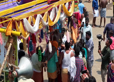 27th April 2026 : Aerial View of Devotee Performing Alagu Kuthu Ritual During Festival in Sivaganga India