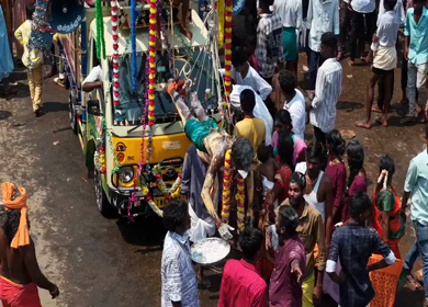 27th April 2026 : Aerial View of Devotee Performing Alagu Kuthu Ritual During Festival in Sivaganga India