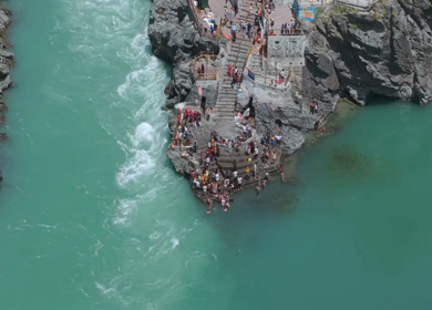 Aerial View of Devprayag Sangam of Alaknanda and Bhagirathi Rivers Uttarakhand India