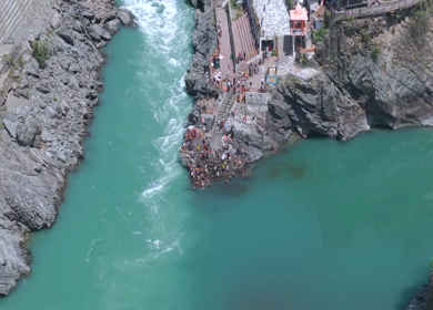 Aerial View of Devprayag Sangam of Alaknanda and Bhagirathi Rivers Uttarakhand India
